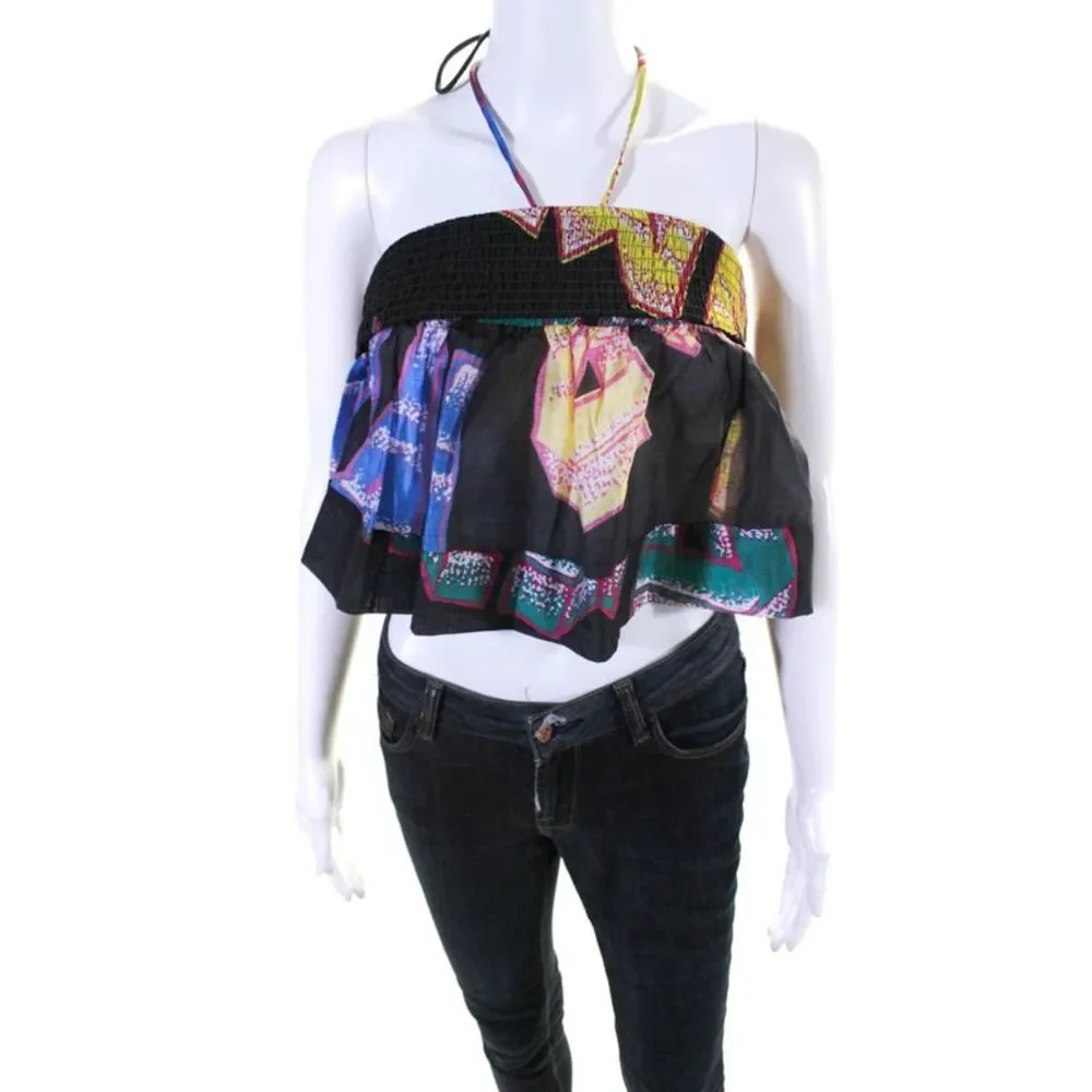 Ganni Womens Sheer Printed Voile Halter Crop Top Blouse Multicolor Size 6